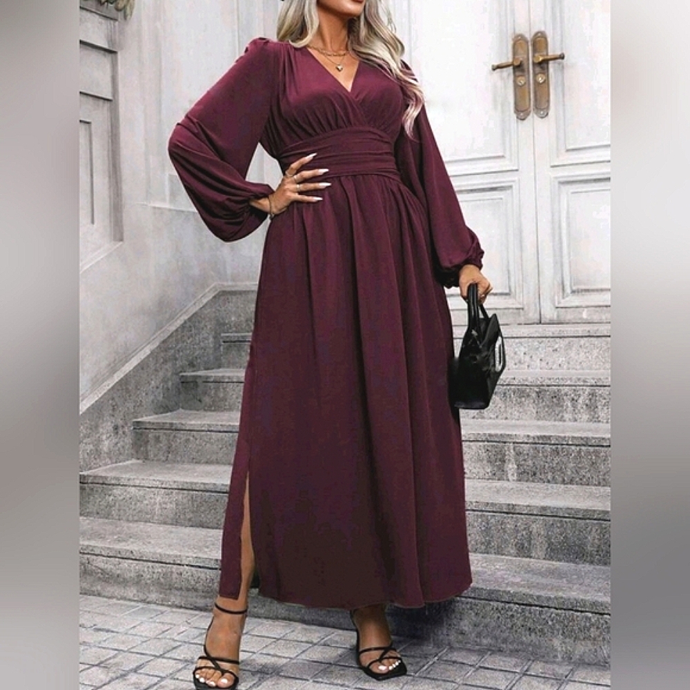 NEW Chic Ruched Waist Lantern Sleeve Maxi Dress PLUS Burgundy Wine Red Purple - Picture 3 of 10